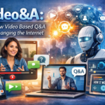 Illustration showing video based Q&A communication with creators, AI technology, and interactive digital platforms