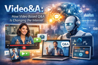 Illustration showing video based Q&A communication with creators, AI technology, and interactive digital platforms