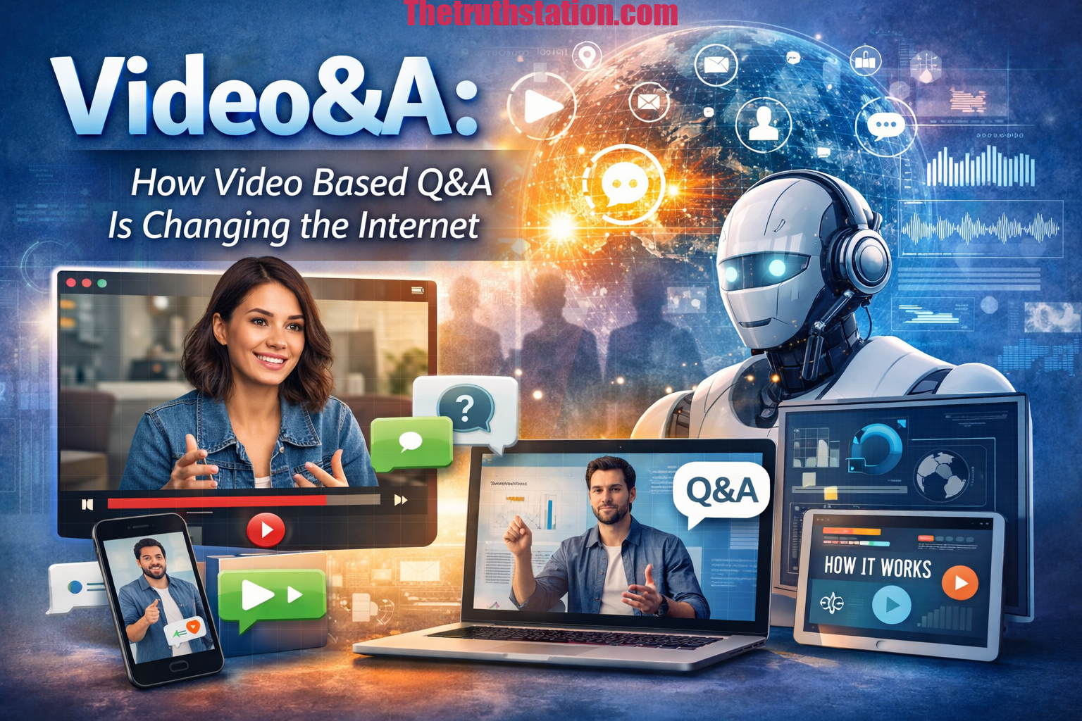 Illustration showing video based Q&A communication with creators, AI technology, and interactive digital platforms