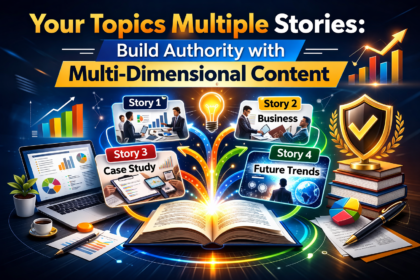 Digital content strategy illustration showing multiple storytelling paths connected to one central topic