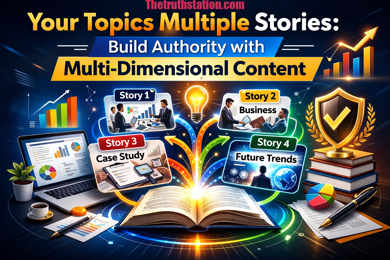 Digital content strategy illustration showing multiple storytelling paths connected to one central topic