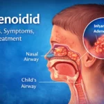 Medical illustration showing enlarged adenoids behind the nose causing breathing problems in Adenoidid