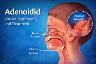 Medical illustration showing enlarged adenoids behind the nose causing breathing problems in Adenoidid