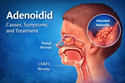Medical illustration showing enlarged adenoids behind the nose causing breathing problems in Adenoidid