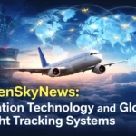 Commercial airplane flying above clouds with a digital world map showing global flight tracking routes and aviation technology network