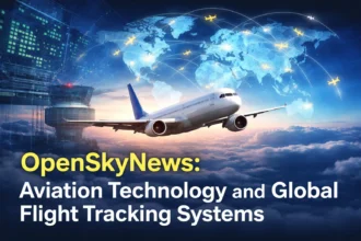 Commercial airplane flying above clouds with a digital world map showing global flight tracking routes and aviation technology network