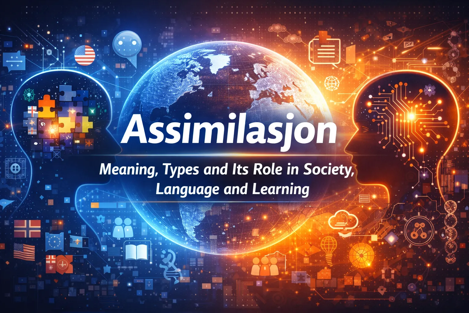 Assimilasjon concept showing cultural integration, language adaptation, and learning processes
