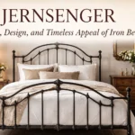 Elegant jernsenger iron bed frame with decorative metal headboard in a vintage Scandinavian-style bedroom