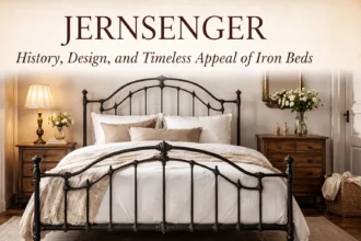 Elegant jernsenger iron bed frame with decorative metal headboard in a vintage Scandinavian-style bedroom