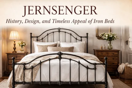 Elegant jernsenger iron bed frame with decorative metal headboard in a vintage Scandinavian-style bedroom